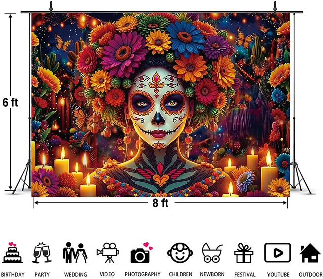 Alt view image 7 of 7 - Day of the Dead Backdrop Mexican Fiesta Colorful Sugar Skull Woman Flowers Candles Photography Background Dia De Los Muertos Altar Ofrenda Party Decorations Supplies Fiesta Banner 8x6FT