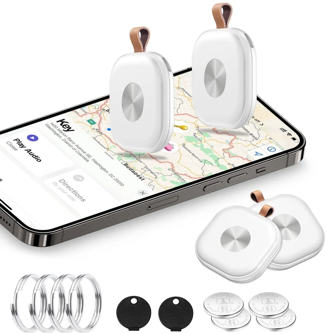 Main image of 4-Pack Air Tracker Key Finder Works with Apple Find My App (iOS Only) Track keys, luggage, bags & wallets worldwide. Replaceable battery, loud alert, left-behind notification, White