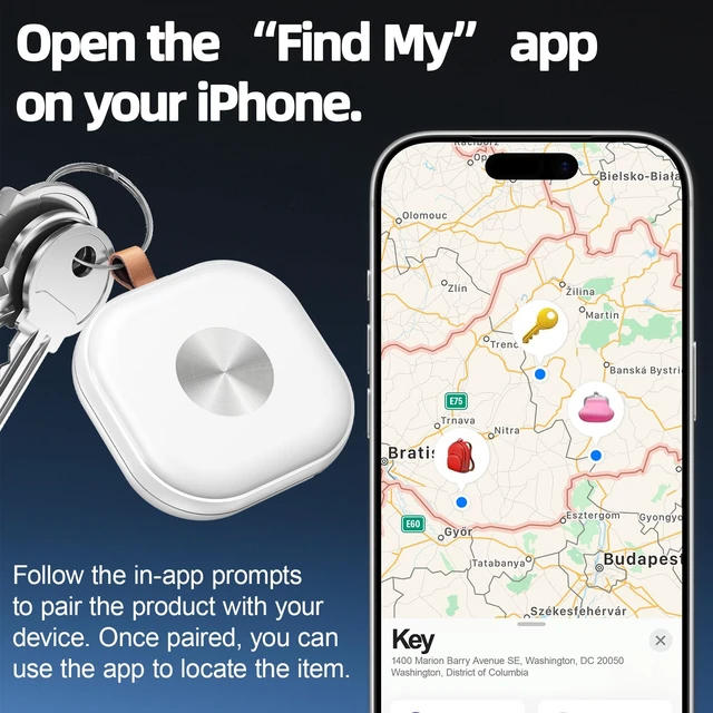 Alt view image 5 of 5 - 4-Pack Air Tracker Key Finder Works with Apple Find My App (iOS Only) Track keys, luggage, bags & wallets worldwide. Replaceable battery, loud alert, left-behind notification, White
