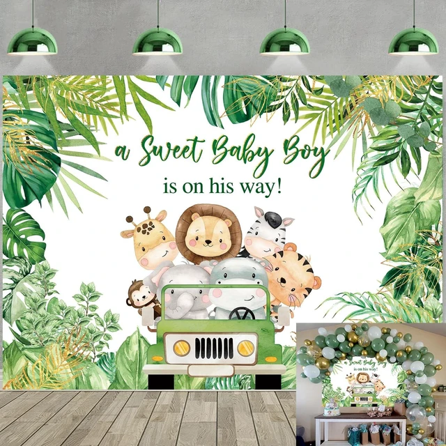 Main image of Jungle Animals Baby Shower Backdrop A Sweet Baby Boy is On His Way Photography Background Boys Baby Shower Photoshoot Wild Zoo Party Green Leaves Cake Table Decor 8x6FT