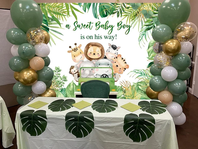 Alt view image 3 of 7 - Jungle Animals Baby Shower Backdrop A Sweet Baby Boy is On His Way Photography Background Boys Baby Shower Photoshoot Wild Zoo Party Green Leaves Cake Table Decor 8x6FT