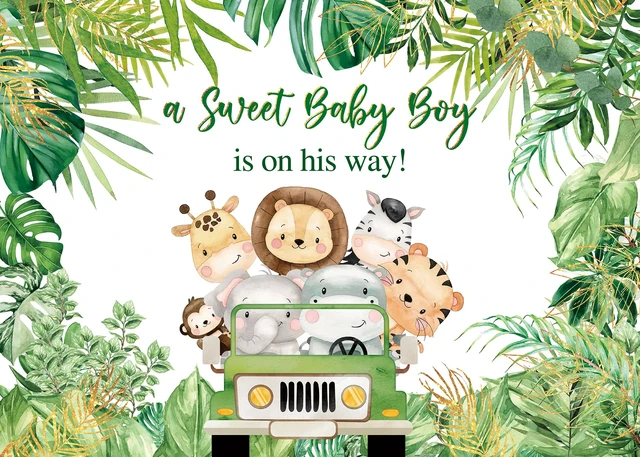Alt view image 2 of 7 - Jungle Animals Baby Shower Backdrop A Sweet Baby Boy is On His Way Photography Background Boys Baby Shower Photoshoot Wild Zoo Party Green Leaves Cake Table Decor 8x6FT