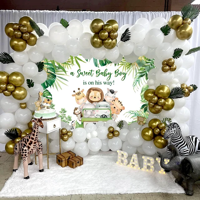 Alt view image 4 of 7 - Jungle Animals Baby Shower Backdrop A Sweet Baby Boy is On His Way Photography Background Boys Baby Shower Photoshoot Wild Zoo Party Green Leaves Cake Table Decor 8x6FT