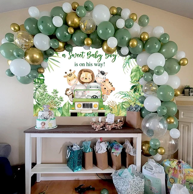 Alt view image 5 of 7 - Jungle Animals Baby Shower Backdrop A Sweet Baby Boy is On His Way Photography Background Boys Baby Shower Photoshoot Wild Zoo Party Green Leaves Cake Table Decor 8x6FT