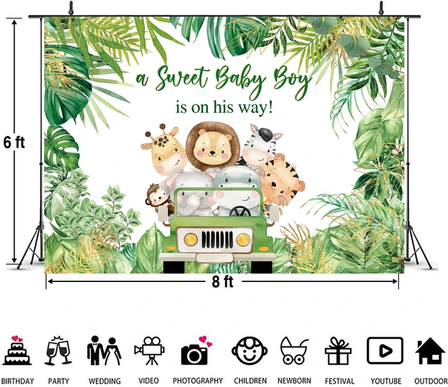 Alt view image 6 of 7 - Jungle Animals Baby Shower Backdrop A Sweet Baby Boy is On His Way Photography Background Boys Baby Shower Photoshoot Wild Zoo Party Green Leaves Cake Table Decor 8x6FT