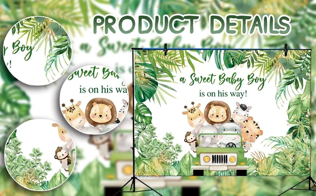 Alt view image 7 of 7 - Jungle Animals Baby Shower Backdrop A Sweet Baby Boy is On His Way Photography Background Boys Baby Shower Photoshoot Wild Zoo Party Green Leaves Cake Table Decor 8x6FT
