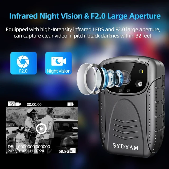 Alt view image 4 of 6 - SYDAYM 2K Police Body Camera, 13Hrs Battery, H.265 Encoding, Body Cameras with Audio and Video Recording, Body Cam for Personal Protection Hiking Law Enforcement (128GB)