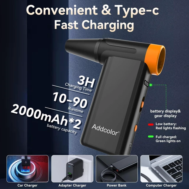 Alt view image 5 of 6 - Compressed Air Duster 2000mAh*2 AD51 with 8 Gear Adjustable 106770RPM Electric Air Duster with Display Portable Handheld Blowers for Keyboard, Computer, Car, Outdoor, Air Bed