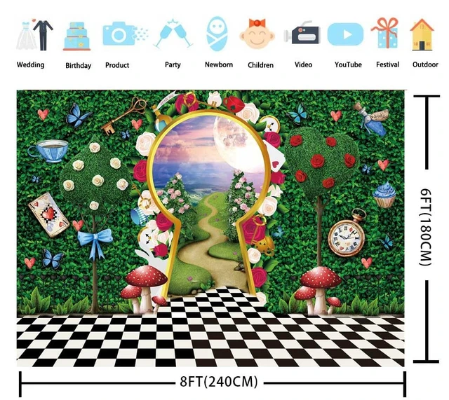 Alt view image 6 of 7 - Wonderland Backdrop for Photography Wonderland Tea Party Decorations 8x6FT Fairy Tale Castle Rabbit Green Leaf Birthday Background for Kids Baby Shower Newborn Portrait Photo Props