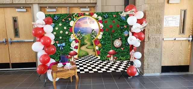 Alt view image 5 of 7 - Wonderland Backdrop for Photography Wonderland Tea Party Decorations 8x6FT Fairy Tale Castle Rabbit Green Leaf Birthday Background for Kids Baby Shower Newborn Portrait Photo Props