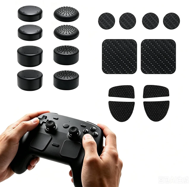 Main image of Thumb Grip with Touchpad Skin and Back Button Trigger Sticker for 2026 Steam Controller 2 Accessories, 4 High Rise and 4 Low Rise Joystick Cover, 4 Carbon Fiber Trackpad Trigger Protector, Black