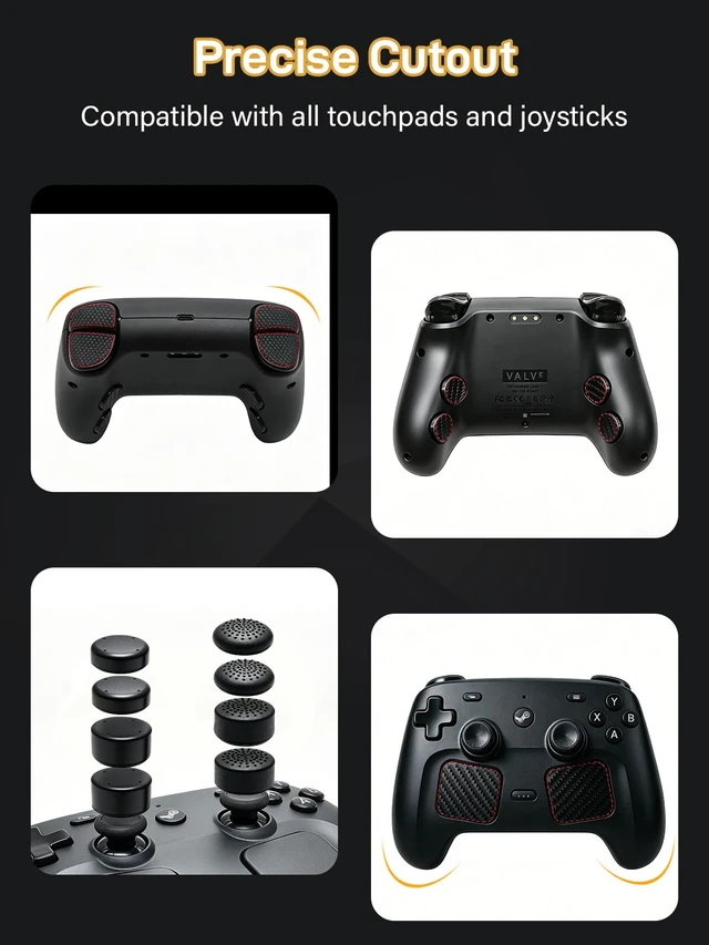 Alt view image 3 of 5 - Thumb Grip with Touchpad Skin and Back Button Trigger Sticker for 2026 Steam Controller 2 Accessories, 4 High Rise and 4 Low Rise Joystick Cover, 4 Carbon Fiber Trackpad Trigger Protector, Black