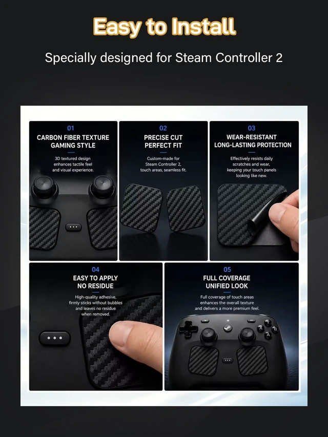 Alt view image 4 of 5 - Thumb Grip with Touchpad Skin and Back Button Trigger Sticker for 2026 Steam Controller 2 Accessories, 4 High Rise and 4 Low Rise Joystick Cover, 4 Carbon Fiber Trackpad Trigger Protector, Black
