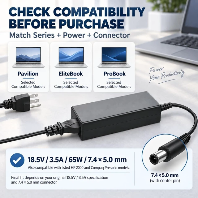 Alt view image 2 of 7 - 65W Charger Compatible with HP Pavilion G6 G7 G62 G71 G72 DV7 DV6 Laptop; EliteBook 2540P 2560P 6930P 8440P 8460P 8460W, 840 850 G1 G2; Revolve 810, Folio 9470m 9480m; Probook 430 450 640 G1 G2 6570B