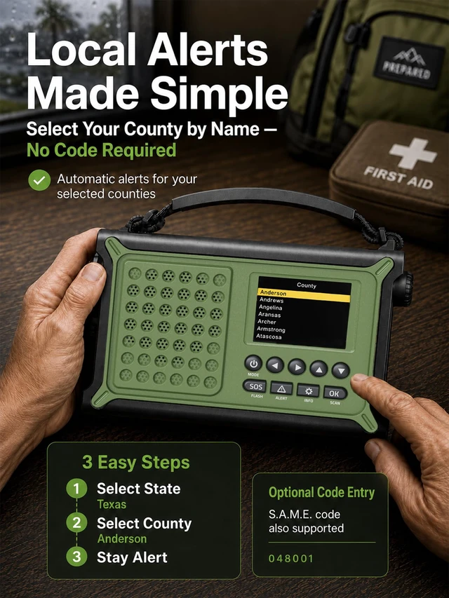 Alt view image 2 of 7 - S.A.M.E. NOAA Weather Radio with 12000mAh Battery & 2.4" Color Display County-Specific Alerts, Easy Setup, 86 Emergency Events, Solar & Crank Backup, FM Radio, Phone Charging, Flashlight & SOS