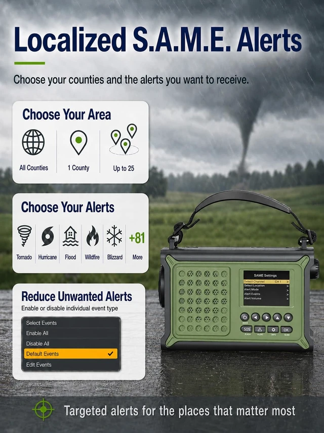 Alt view image 3 of 7 - S.A.M.E. NOAA Weather Radio with 12000mAh Battery & 2.4" Color Display County-Specific Alerts, Easy Setup, 86 Emergency Events, Solar & Crank Backup, FM Radio, Phone Charging, Flashlight & SOS