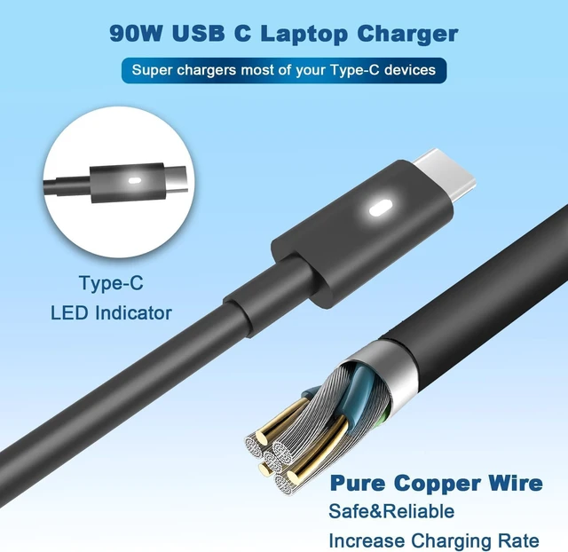 Alt view image 3 of 7 - 90W USB C Laptop Charger Compatible with Dell Type C AC Adapter Compatible with Dell XPS 13, Precision 3540, Latitude 3400 3500 2in1 5400, 0TDK33, Type C AC Adapter Power Supply