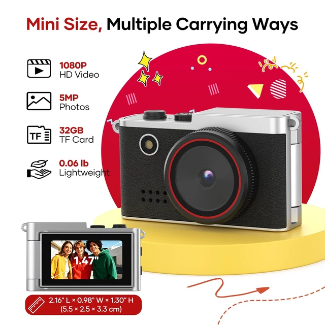 Alt view image 2 of 7 - Mini Keychain Digital Camera, 1.47" Flip LCD & 32GB Card Keychain Camera 1080P Video, 5MP Photos, Mini Digital Camera with Flash & Filters, Pocket Size for Beginners, Teens & Adults - Black