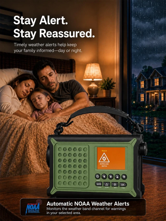 Alt view image 4 of 7 - S.A.M.E. NOAA Weather Radio with 12000mAh Battery & 2.4" Color Display County-Specific Alerts, Easy Setup, 86 Emergency Events, Solar & Crank Backup, FM Radio, Phone Charging, Flashlight & SOS