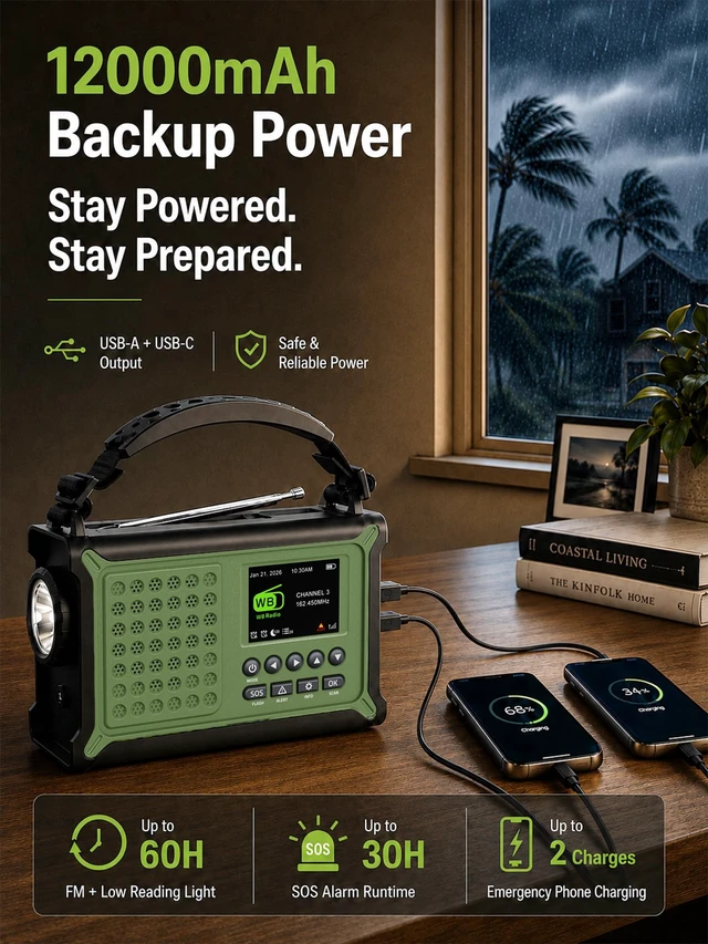 Alt view image 5 of 7 - S.A.M.E. NOAA Weather Radio with 12000mAh Battery & 2.4" Color Display County-Specific Alerts, Easy Setup, 86 Emergency Events, Solar & Crank Backup, FM Radio, Phone Charging, Flashlight & SOS