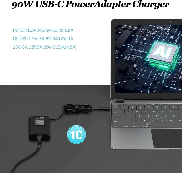 Alt view image 6 of 7 - 90W USB C Laptop Charger Compatible with Dell Type C AC Adapter Compatible with Dell XPS 13, Precision 3540, Latitude 3400 3500 2in1 5400, 0TDK33, Type C AC Adapter Power Supply