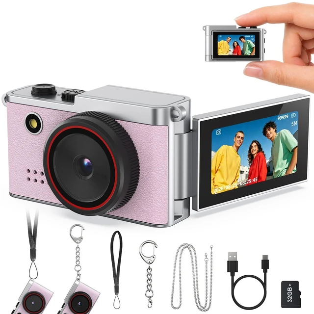 Main image of Mini Keychain Digital Camera, 1.47" Flip LCD & 32GB Card Keychain Camera 1080P Video, 5MP Photos, Mini Digital Camera with Flash & Filters, Pocket Size for Beginners, Teens & Adults - Pink