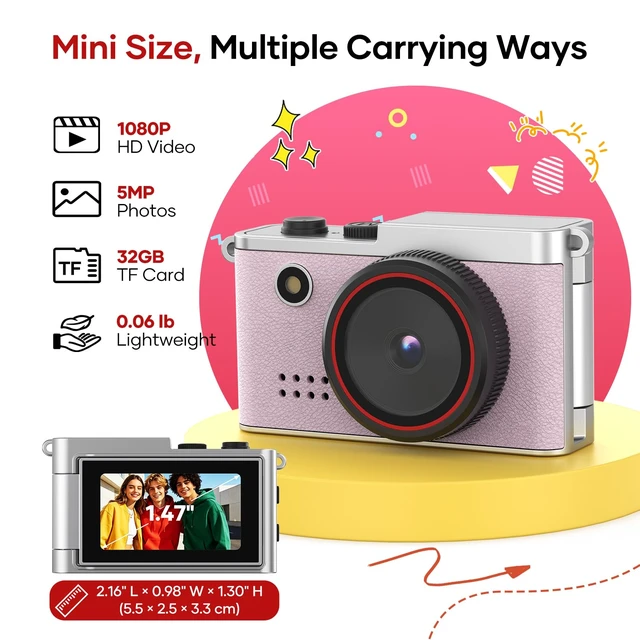 Alt view image 2 of 7 - Mini Keychain Digital Camera, 1.47" Flip LCD & 32GB Card Keychain Camera 1080P Video, 5MP Photos, Mini Digital Camera with Flash & Filters, Pocket Size for Beginners, Teens & Adults - Pink
