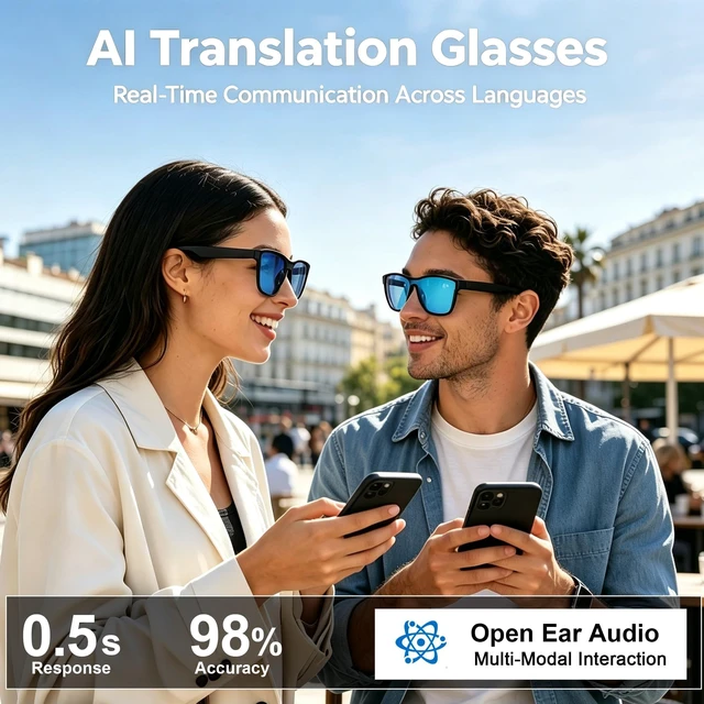 Alt view image 3 of 7 - AI Smart Glasses, Blue Bluetooth Sunglasses for Men Women Real-Time Translation, Touch & Voice Control, Open-Ear Music & Calls, 68h Battery