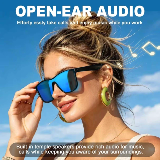 Alt view image 4 of 7 - AI Smart Glasses, Blue Bluetooth Sunglasses for Men Women Real-Time Translation, Touch & Voice Control, Open-Ear Music & Calls, 68h Battery