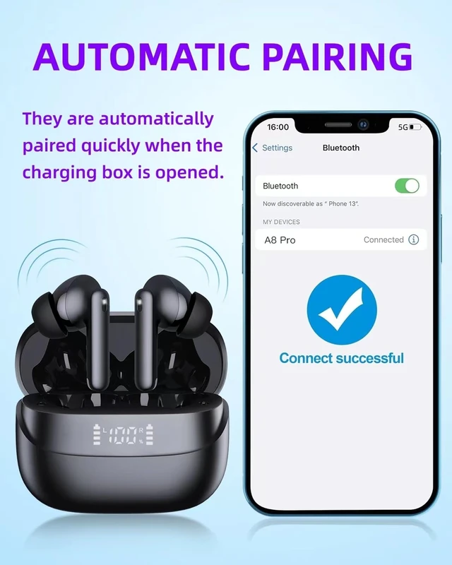 Alt view image 3 of 7 - Wireless Earbuds A8 PRO Bluetooth Ear Buds & in-Ear Headphones Deep Bass Bluetooth Earbuds, Clear Call, IPX7 Waterproof Ear Phones, 36Hrs Playtime Compatible with Samsung TV Phone Android