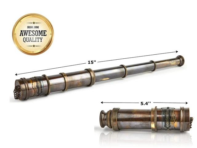 Alt view image 3 of 5 - V.Empire Handcrafted Telescope with Box Functional Vintage Replica Brass Nautical Antique Gifts for Men Brass Nautical Spyglass & Collectible Decor for Kids 15 Inches