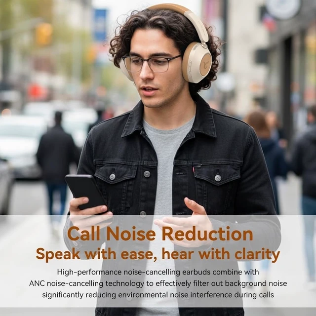 Alt view image 6 of 7 - Active Noise Cancelling Headphones, Bluetooth 5.4 Wireless on Ear ANC Headphone with 65H Playtime, Deep Bass, Low Latency, Foldable Headset with Mic for Travel/Office/PC (Beige)