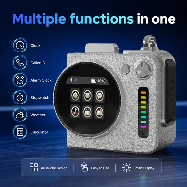 Alt view image 2 of 7 - Portable All-in-One Bluetooth Speaker with Touchscreen Hi-Fi Sound Mini Wireless Bluetooth Speaker with Alarm Clock, Weather, Calendar, Metal Pendant for Home/Outdoor/Travel/Cycling/Camping
