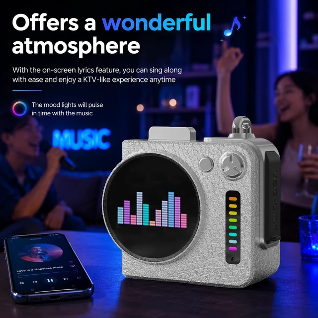 Alt view image 4 of 7 - Portable All-in-One Bluetooth Speaker with Touchscreen Hi-Fi Sound Mini Wireless Bluetooth Speaker with Alarm Clock, Weather, Calendar, Metal Pendant for Home/Outdoor/Travel/Cycling/Camping