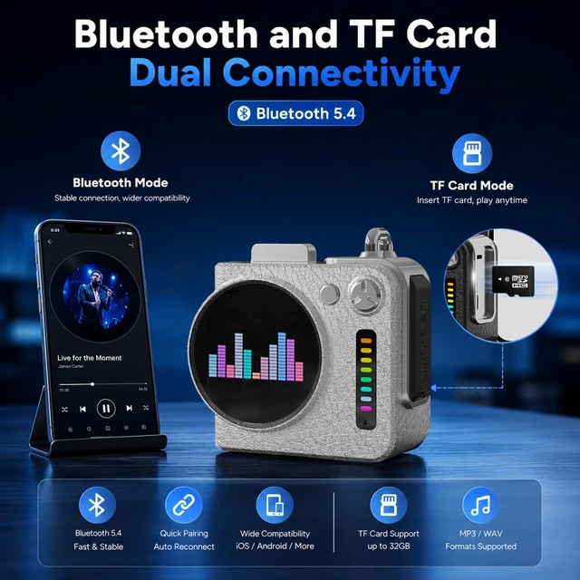 Alt view image 6 of 7 - Portable All-in-One Bluetooth Speaker with Touchscreen Hi-Fi Sound Mini Wireless Bluetooth Speaker with Alarm Clock, Weather, Calendar, Metal Pendant for Home/Outdoor/Travel/Cycling/Camping
