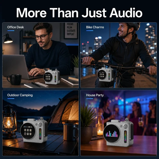 Alt view image 7 of 7 - Portable All-in-One Bluetooth Speaker with Touchscreen Hi-Fi Sound Mini Wireless Bluetooth Speaker with Alarm Clock, Weather, Calendar, Metal Pendant for Home/Outdoor/Travel/Cycling/Camping
