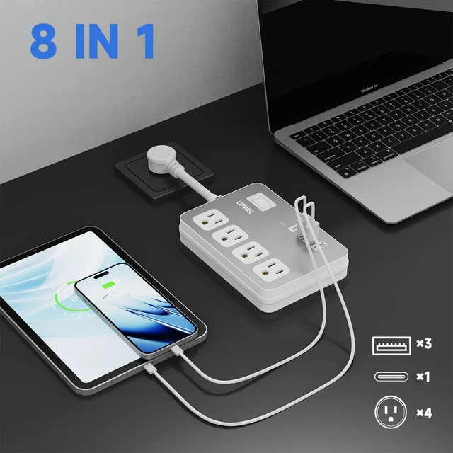 Alt view image 2 of 7 - Wall Extension Outlets, 4-AC-Outlet and 4 USB Outlets(1 USB-A) Square Wall Plug with USB Ports, Small Power Strip Short Extension Cord for Home Office CruiseTravel Dorm Room Essentials, White