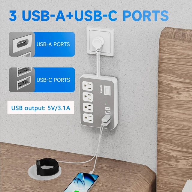 Alt view image 6 of 7 - Wall Extension Outlets, 4-AC-Outlet and 4 USB Outlets(1 USB-A) Square Wall Plug with USB Ports, Small Power Strip Short Extension Cord for Home Office CruiseTravel Dorm Room Essentials, White