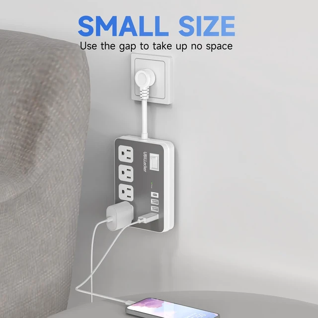 Alt view image 5 of 7 - Wall Extension Outlets, 4-AC-Outlet and 4 USB Outlets(1 USB-A) Square Wall Plug with USB Ports, Small Power Strip Short Extension Cord for Home Office CruiseTravel Dorm Room Essentials, White
