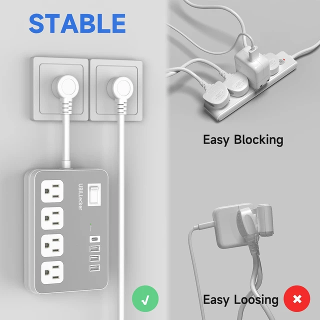 Alt view image 7 of 7 - Wall Extension Outlets, 4-AC-Outlet and 4 USB Outlets(1 USB-A) Square Wall Plug with USB Ports, Small Power Strip Short Extension Cord for Home Office CruiseTravel Dorm Room Essentials, White