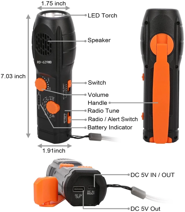 Alt view image 5 of 7 - Emergency Radio Hand Crank with Flashlights, Portable AM/FM NOAA Weather Radio Alert and Survival Flashlight SOS Alarm