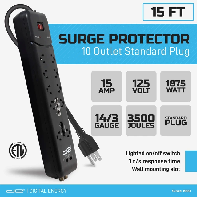 Alt view image 7 of 7 - 10-Outlet Straight Plug 4050 Joules Heavy Duty Surge Protector Power Strip, 25 Foot Long Extension Cord, 15 AMP, 15 FT, Black