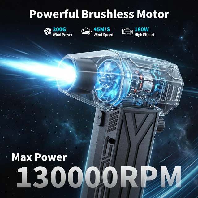 Alt view image 2 of 7 - Compressed Air Duster 130000RPM Brushless, Rechargeable Cordless Electric Air Blower, Infinite Variable Speed Dust Remover Cleaner for Computer Keyboard Laptop, Home Car Outdoor Use, Black