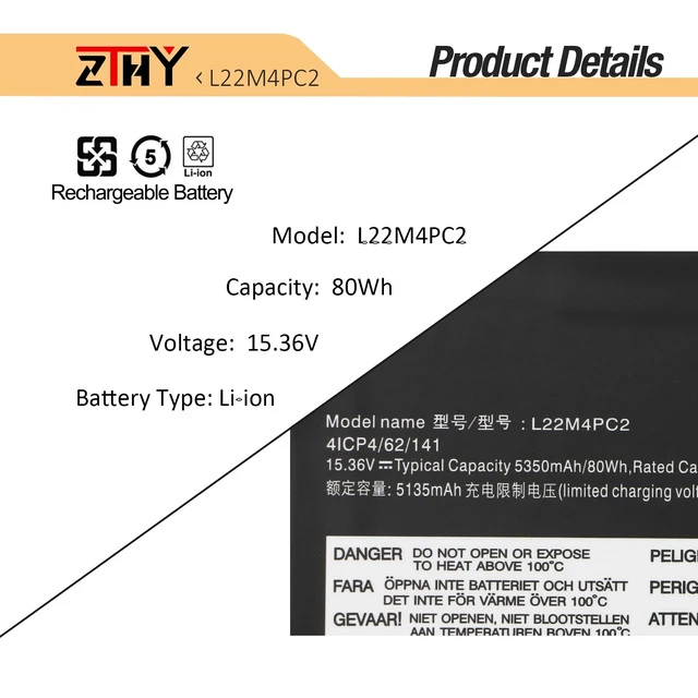 Alt view image 3 of 7 - L22C4PC2 L22M4PC2 Laptop Battery for Lenovo Legion Slim 5-16IRH8 5-16APH8 5-16AHP9 5-16ARP9 LOQ 16APH8 16IRH8 Series L22B4PC2 L22D4PC2 5B11N45430 5B11K38745 SB11K38742 15.36V 80Wh 5350mAh