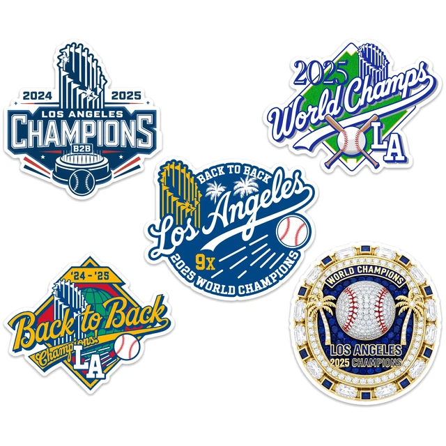 Alt view image 2 of 2 - Baseball 2025 World Champions Sticker Los Angeles LA Waterproof Vinyl Decal Stickers for Laptop, Water Bottle, Phone, & Accessories (All Stickers 5 Pcs)