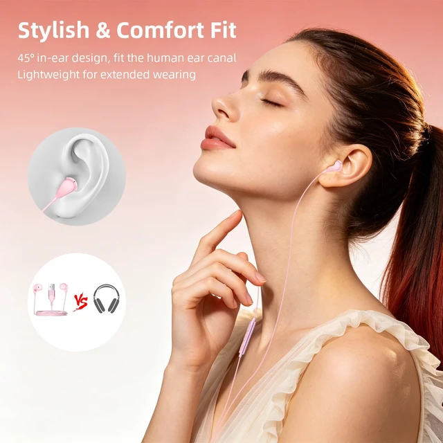 Alt view image 7 of 7 - USB Earbuds with Mic Volume Control, 7.5ft USB-A PC Headphones Pink Long Cord Computer Headsets Mute Button DAC Chip Stereo Wired Earbuds Gaming Earphones for HP/Dell Laptop Zoom Office School
