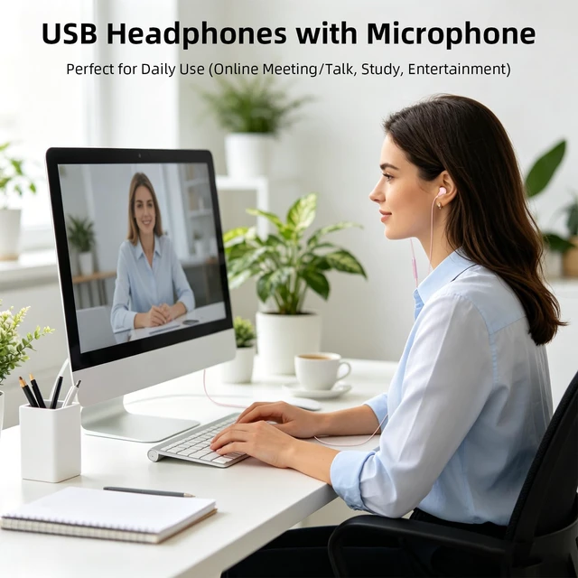 Alt view image 2 of 7 - USB Earbuds with Mic Volume Control, 7.5ft USB-A PC Headphones Pink Long Cord Computer Headsets Mute Button DAC Chip Stereo Wired Earbuds Gaming Earphones for HP/Dell Laptop Zoom Office School