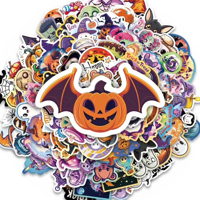 Main image of Halloween Stickers, 100 Pcs Waterproof Halloween Vinyl Stickers Gifts for Boys and Girls, Vinyl Pumpkin Ghost Decals, for Halloween Decorations, Water Bottle, Laptop, Scrapbook, Skateboard