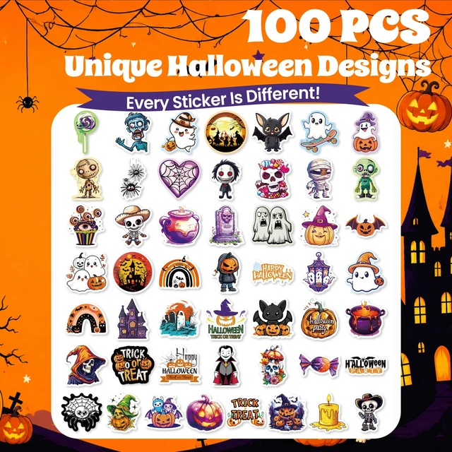 Alt view image 3 of 7 - Halloween Stickers, 100 Pcs Waterproof Halloween Vinyl Stickers Gifts for Boys and Girls, Vinyl Pumpkin Ghost Decals, for Halloween Decorations, Water Bottle, Laptop, Scrapbook, Skateboard