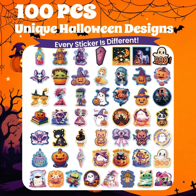 Alt view image 2 of 7 - Halloween Stickers, 100 Pcs Waterproof Halloween Vinyl Stickers Gifts for Boys and Girls, Vinyl Pumpkin Ghost Decals, for Halloween Decorations, Water Bottle, Laptop, Scrapbook, Skateboard